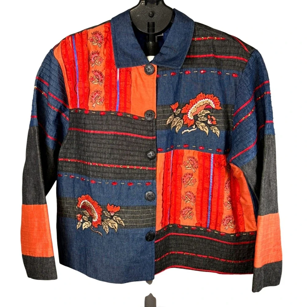 Coldwater Creek Womens XL Patchwork‎ Embroidered Silk Cotton Jacket Blue